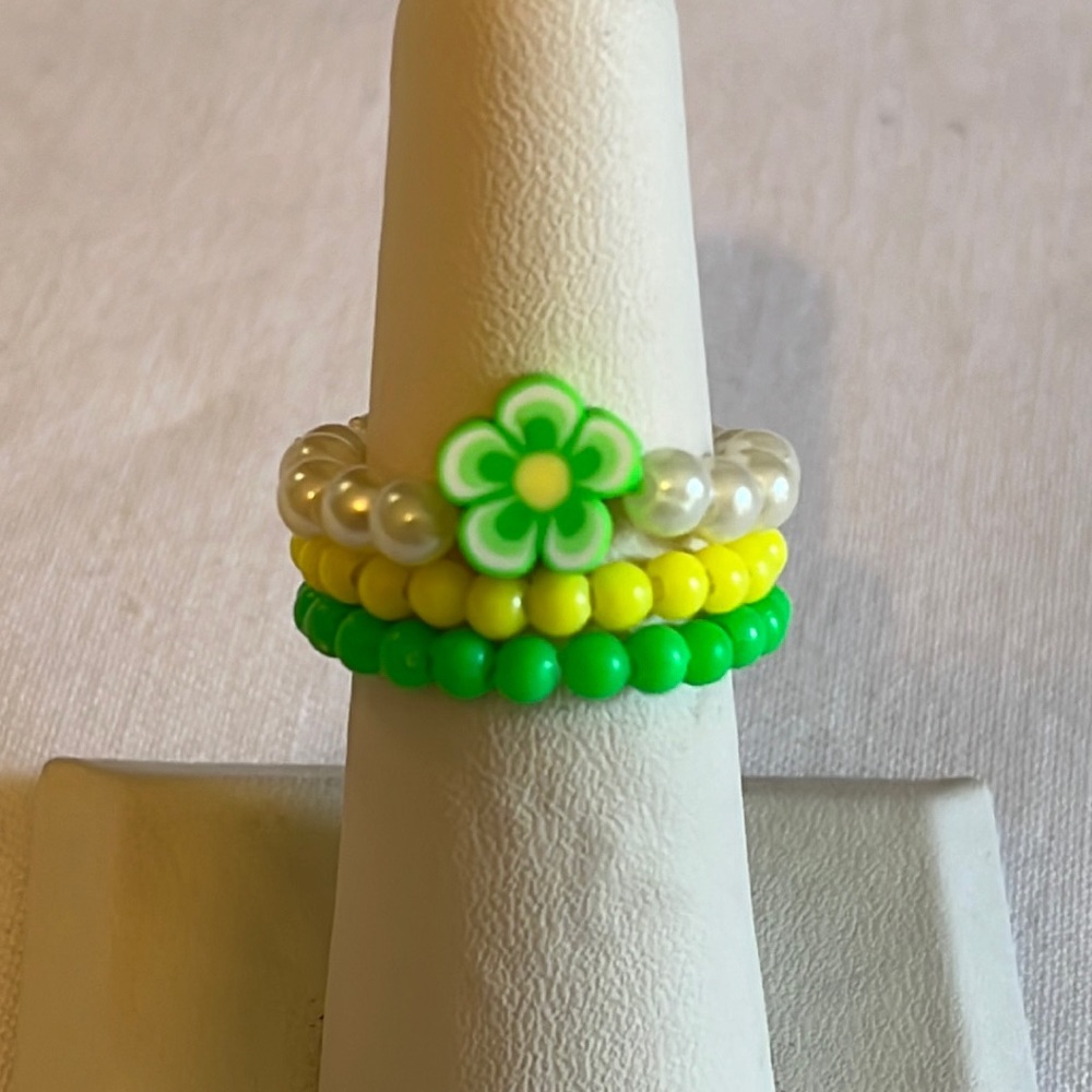 Handmade Lime & Yellow Beaded Flower Ring Set, Stretchy